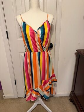 Bright Multi-Stripe Spaghetti Strap Dress - Pink/Orange/Blue